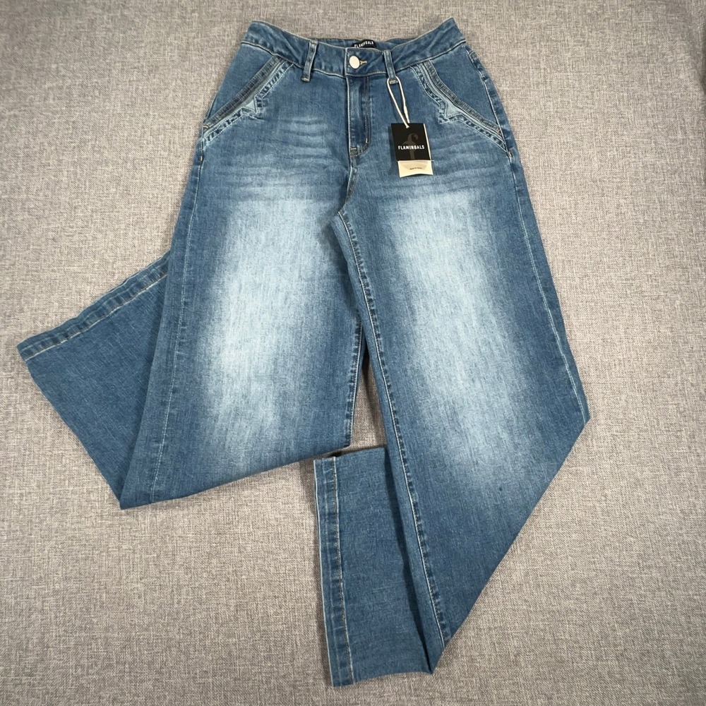Flamingals Wide Leg Mid Waist Baggy Jeans Womens XS Blue Stitch Detail Y2K NEW - Picture 2 of 12